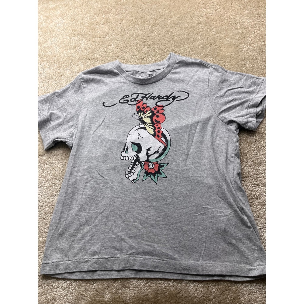 Ed Hardy Womens Skull Butterfly Graphic T-Shirt Gray Short Sleeve Crewneck L